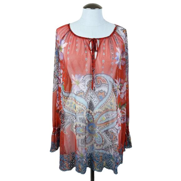 Women's Johnny Was‎ Biya Red Blue Paisley Eyelet Blouse Embroidered Mesh Top XL - Picture 1 of 10